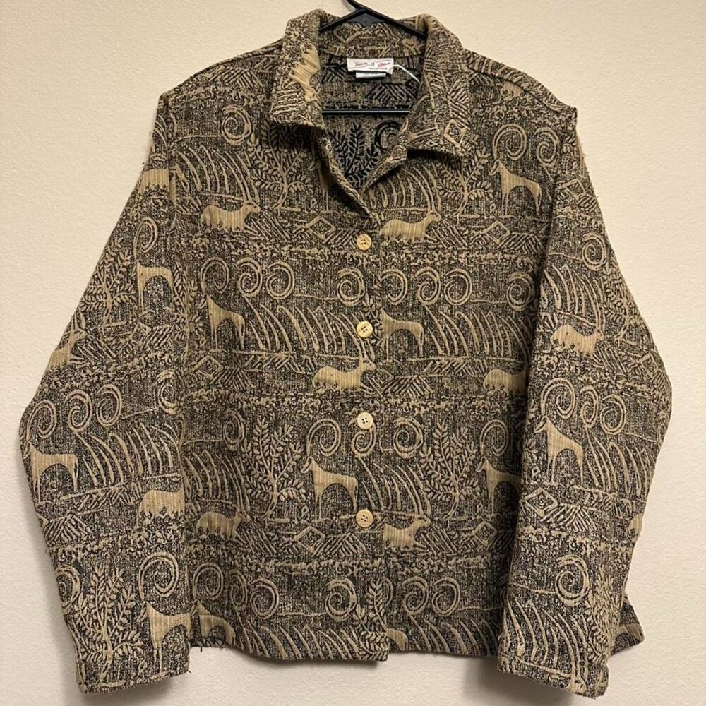 Vintage 80s Impala Animal &amp; Nature Print Tapestry Button Jacket